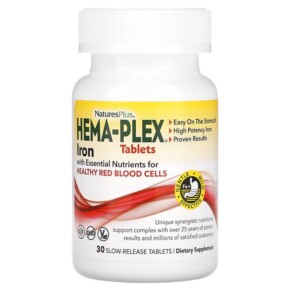 NaturesPlus Hema-Plex Iron with Essential Nutrients for Healthy Red Blood Cells 30 Slow Release Tablets 097467037601