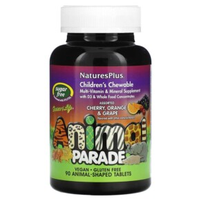 NaturesPlus Source of Life Animal Parade Children's Chewable Multi-Vitamin & Mineral Supplement Sugar Free Assorted 90 Animal-Shaped Tablets 097467299184