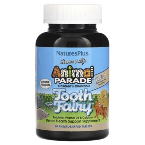 NaturesPlus Source of Life Animal Parade Children's Chewable Tooth Fairy Probiotic Vitamin D3 & Calcium Vanilla 90 Animal-Shaped Tablets 097467299481