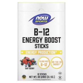 NOW Foods Sports B-12 Energy Boost Sticks Tart Berry 10.000 mcg 12 Sticks 2.1 oz (60 g) 733739005038