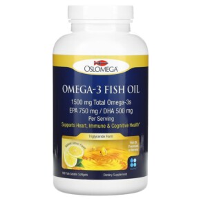 Oslomega Norwegian Omega-3 Fish Oil 750 mg EPA 500 mg DHA Natural Lemon Flavor 180 Fish Gelatin Softgels 898220013944