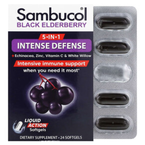 Sambucol 5-In-1 Intense Defense + Echinacea Zinc Vitamin C & White Willow Black Elderberry 24 Softgels 896116001280