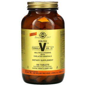 Solgar Formula V VM-75 Multiple Vitamins with Chelated Minerals Iron Free 180 Tablets 033984011533