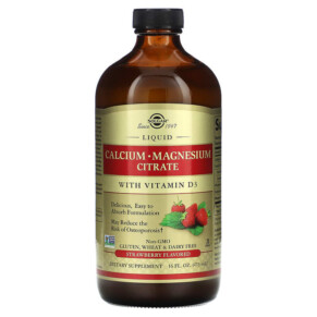 Solgar Liquid Calcium Magnesium Citrate with Vitamin D3 Strawberry 16 fl oz (473 ml) 033984358331