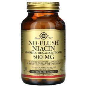 Solgar No-Flush Niacin 500 mg 100 Vegetable Capsules 033984019119