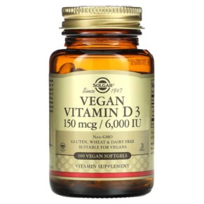Solgar Vegan Vitamin D3 150 mcg / 6.000 IU 100 Vegan Softgels 033984303355