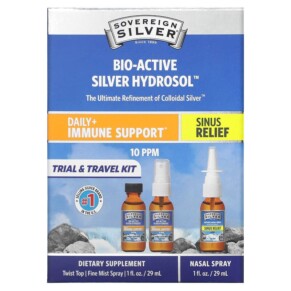 Sovereign Silver Bio-Active Silver Hydrosol Daily + Immune Support Sinus Relief Trial & Travel Kit 10 PPM 3 Piece Kit 1 fl oz (29 ml) Each 684088700078