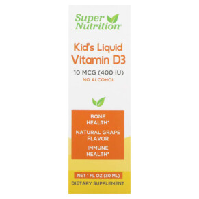 Super Nutrition Kid’s Liquid Vitamin D3 No Alcohol Grape 10 mcg (400 IU) 1 fl oz (30 ml) 898220021970
