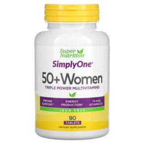 Super Nutrition SimplyOne Women’s 50+ Triple Power Multivitamins Iron Free 90 Tablets 033739002281