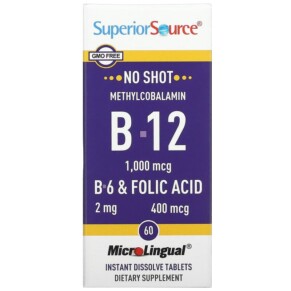 Superior Source Methylcobalamin B-12 B-6 & Folic Acid 1.000 mcg 60 MicroLingual Instant Dissolve Tablets 076635906901