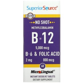 Superior Source Methylcobalamin B-12 B-6 & Folic Acid 5.000 mcg 60 MicroLingual Instant Dissolve Tablets 076635907601