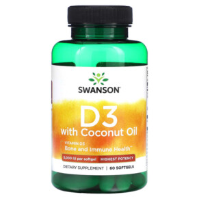 Swanson D3 with Coconut Oil Highest Potency 5.000 IU 60 Softgels 087614028965