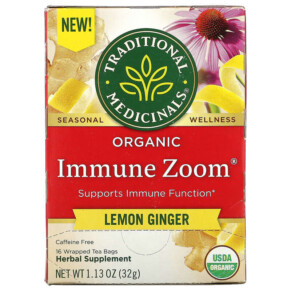 Traditional Medicinals Organic Immune Zoom Lemon Ginger Caffeine Free 16 Wrapped Tea Bags 1.13 oz (32 g) 032917007841