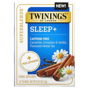 Twinings Sleep+ with Melatonin Herbal Tea Camomile Cinnamon & Vanilla Caffeine Free 16 Tea Bags 0.85 oz (24 g) 070177229337