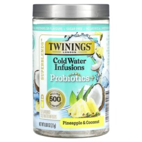 Twinings Superblends Cold Water Infusions Probiotics+ Pineapple & Coconut Caffeine Free 10 Flavored Cold Water Infusers 0.88 oz (25 g) 070177230074