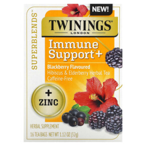 Twinings Superblends Immune Support+ Hibiscus & Elderberry Herbal Tea Blackberry Caffeine-Free 16 Tea Bags 1.12 oz (32 g) 070177230173
