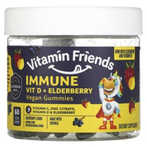 Vitamin Friends Immune Vit D + Elderberry Raspberry 60 Pectin Gummies 854532002793