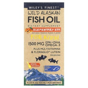 Wiley's Finest Wild Alaskan Fish Oil For Kids Elementary EPA Natural Mango Peach 1.500 mg 4.23 fl oz (125 ml) 857188004289