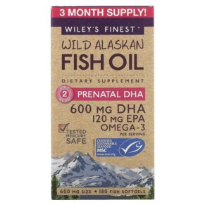 Wiley's Finest Wild Alaskan Fish Oil Prenatal DHA 600 mg 180 Fish Softgels 857188004029