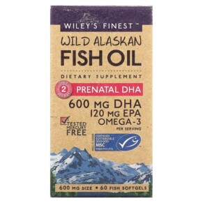 Wiley's Finest Wild Alaskan Fish Oil Prenatal DHA 600 mg 60 Fish Softgels 857188004036