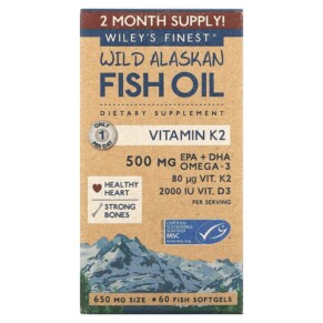 Wiley's Finest Wild Alaskan Fish Oil Vitamin K2 650 mg 60 Fish Softgels 857188004340