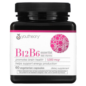 Youtheory B12 B6 Essential Daily Vitamins 1.000 mcg 60 Vegetarian Capsules 850021920340